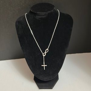 Silver infinity sign and cross lariat necklace